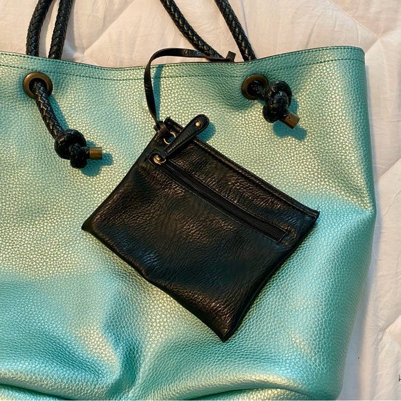 Large Metallic Blue and Black Reversible Leather Tote - Picture 7 of 9